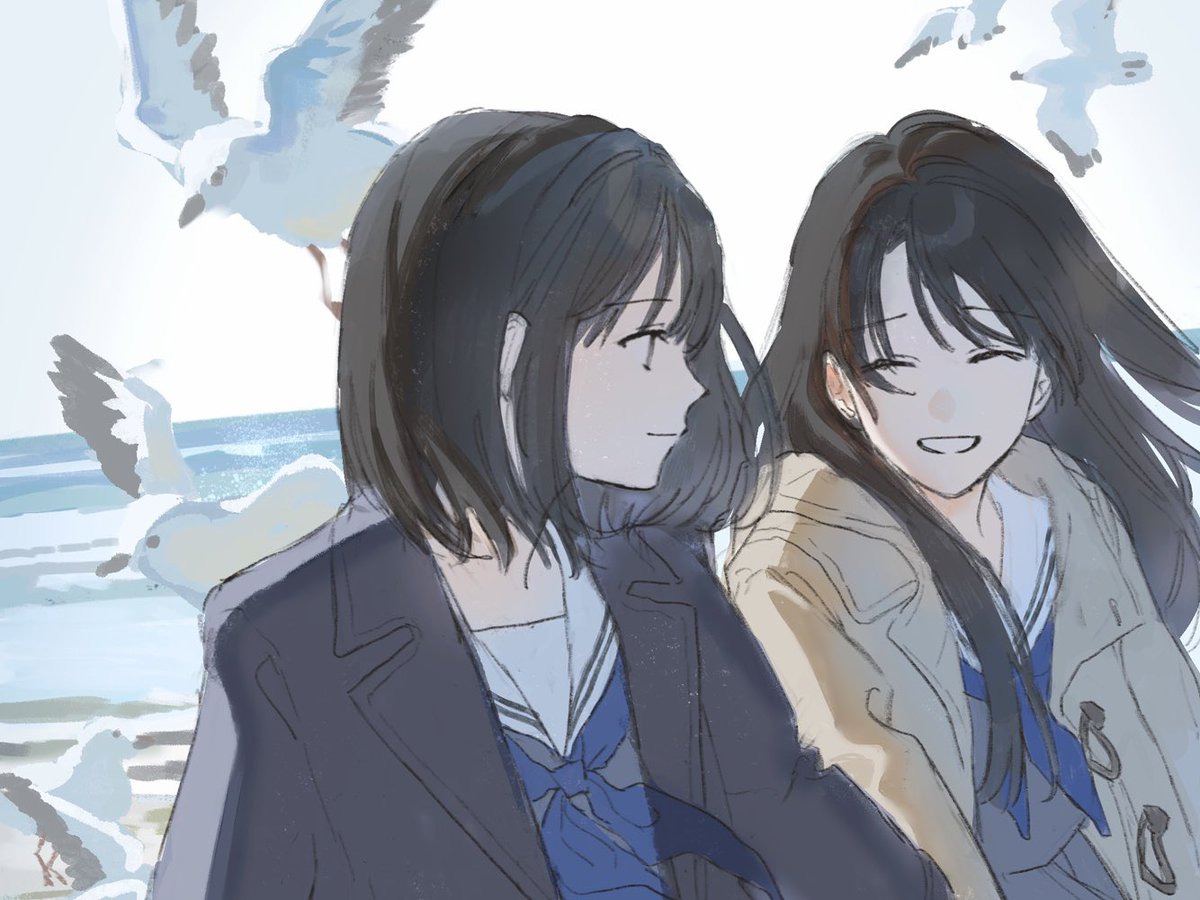 multiple girls 2girls bird school uniform long hair closed eyes smile  illustration images