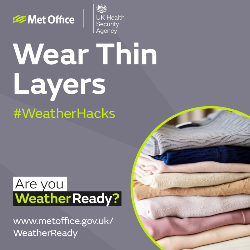 metoffice's tweet photo. Are you thinking about how best to stay warm in this cold weather?
Here’s another of our partners’ winter #WeatherHacks. @UKHSA says: Wear several layers of thinner clothing; this could keep you warmer than one thicker layer.
What’s your winter #WeatherHack?
#WeatherReady