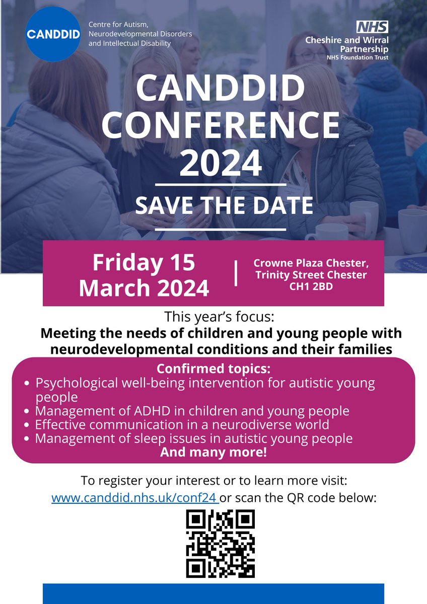 Save the date 📅 Join us on Friday 15th March for the 2024 CANDDID conference Hear from experts from all over the world on topics such as the management of ADHD, effective communication in a neurodiverse world and many more! Register your interest now: canddid.nhs.uk/conf24