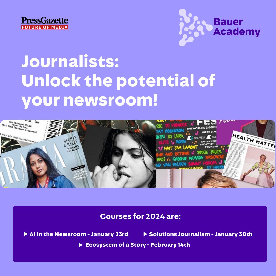 ✨ Elevate Your Journalism Game with Our Day Courses! 1️⃣AI in the Newsroom 2️⃣ Solutions Journalism 3️⃣ Ecosystem of a Story Delivered by Bauer Academy’s Head of Journalism @AndrewGreaves84 and supported by @pressgazette To find out more email clients@baueracademy.co.uk 📧