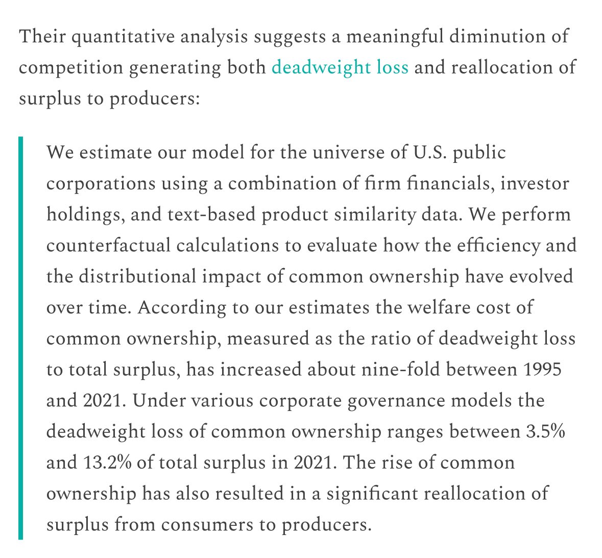 Some researchers have very dramatic findings in this space — a newish one from @florianederer finds a huge deleterious impact from common ownership. slowboring.com/p/are-index-fu…