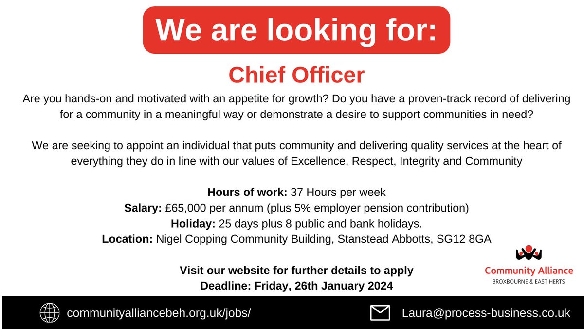 We are seeking a Chief Officer! Apply via a CV and cover letter that matches your skills and experience to the Job Description and Person Specification. More info & apply: communityalliancebeh.org.uk/chief-officer/ Deadline: Friday, 26th January 2024 @EastHerts, @EastHertsCAB, @HertsCommunityF