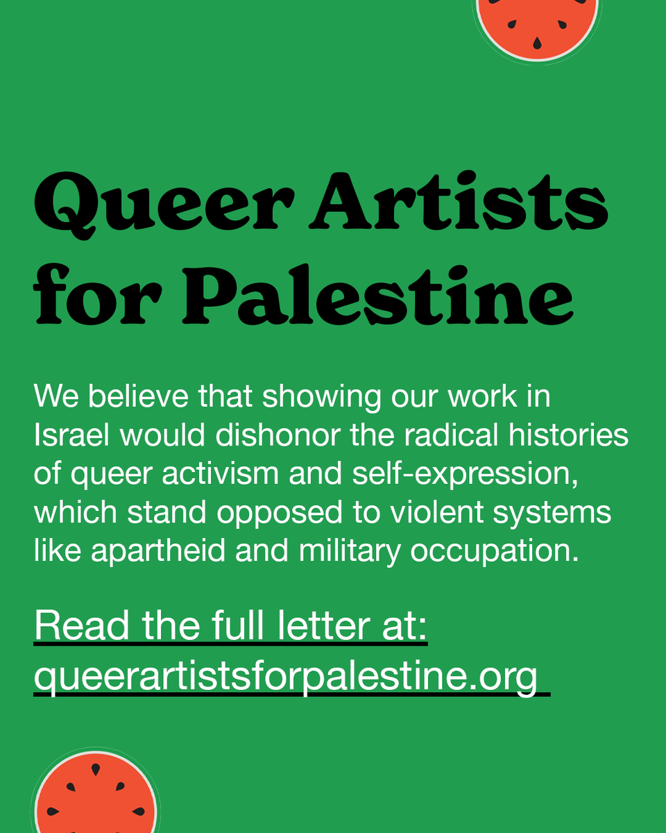 PACBI's tweet photo. "Now more than ever, we must be clear: queer people are no friends to Israeli apartheid."

3800+ queer artists urge #CeasefireNow and pledge not to perform in Israel until Palestinians are free.

Read and sign the letter: https://t.co/RWF72VHlP6

#GazaGenocide #DismantleApartheid https://t.co/fxm1ay556A