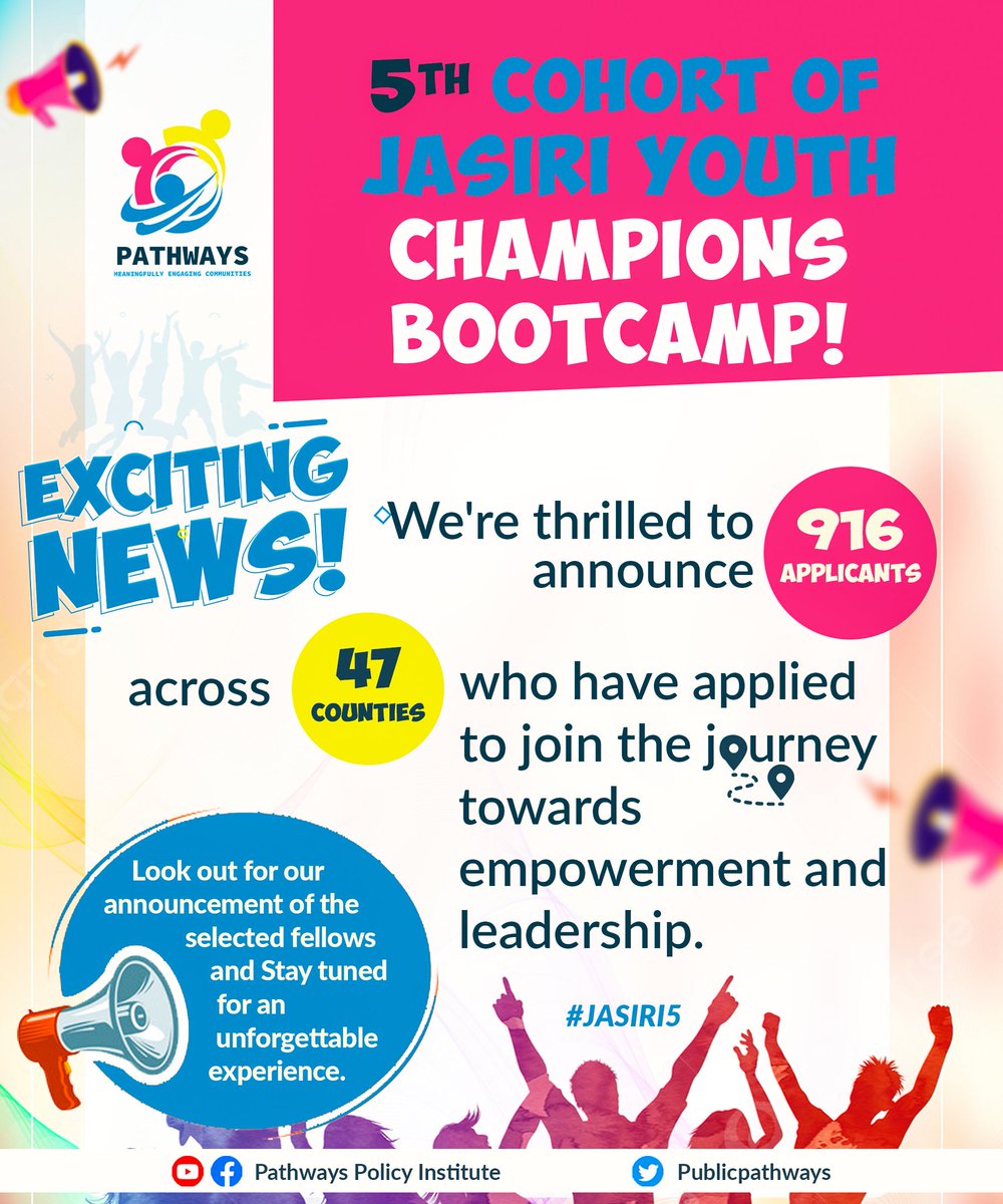 Pathways Policy Institute (PPI) (@publicpathways) on Twitter photo 📢We are happy to announce that we received 916 applications for the 5th #JASIRIYouthChampionsBootcamp With 522 Females, 290 Males & 4 who didn't wish to identify. 
The journey towards #Change is here!
Stay tuned for the  #Jasiri5 fellows announcement!
#JASIRI5 #SMARTAdvocacy 📢We are happy to announce that we received 916 applications for the 5th #JASIRIYouthChampionsBootcamp With 522 Females, 290 Males & 4 who didn't wish to identify. 
The journey towards #Change is here!
Stay tuned for the  #Jasiri5 fellows announcement!
#JASIRI5 #SMARTAdvocacy