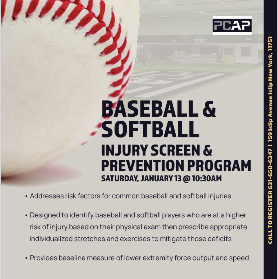 Join our PCAP Crew THIS SATURDAY, January 13th at our Islip location for our FREE Basaball/Softball Injury Screen and Prevention Program! 

Give us a call to hold your spot:
631-650-6347

procareathleticperformance.com