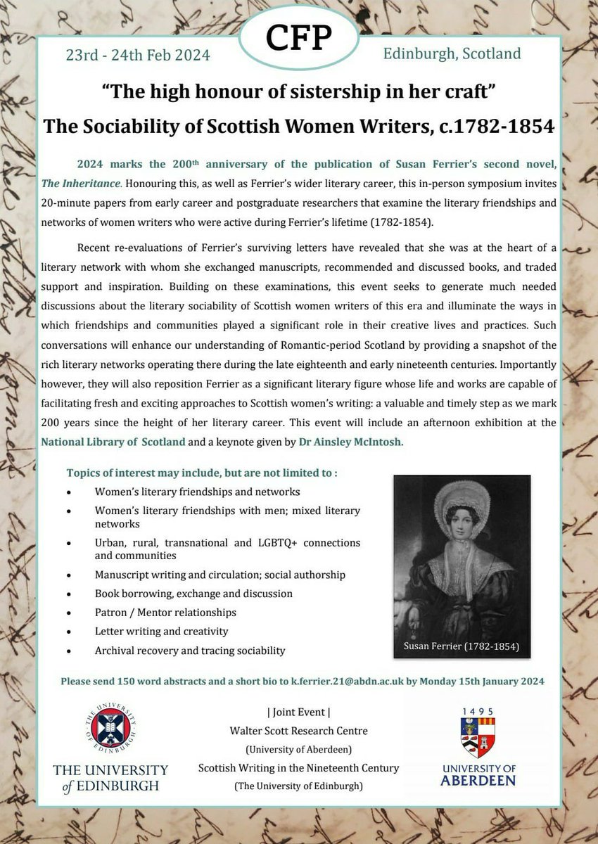 📣EXTENDED DEADLINE: 15th JAN! Do you work on Scottish women writers (c.1782-1854)? Join us in Edinburgh for this brilliant symposium and send us your abstracts!