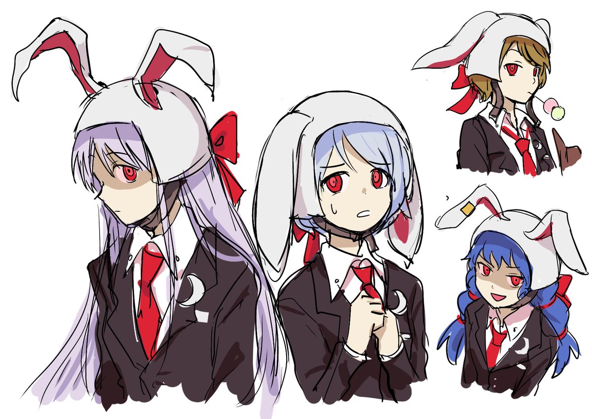 reisen (touhou bougetsushou) ,seiran (touhou) red eyes animal ears necktie multiple girls rabbit ears long hair blue hair  illustration images