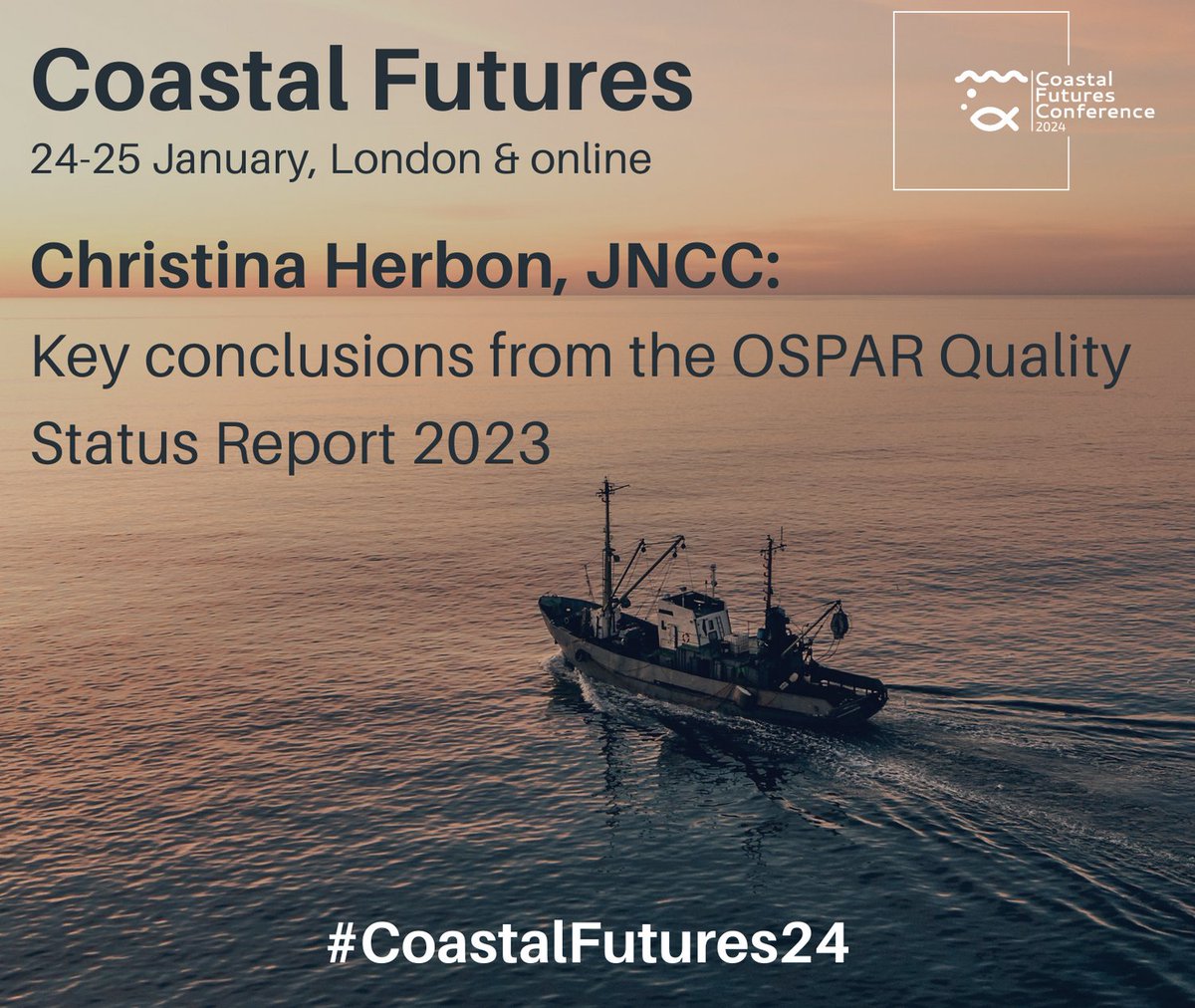 🌊In the #CoastalFutures24 session on Evidence Assessment Into Action will be a talk from Christina Herbon, @cvinaherbon @JNCC_UK about 'Key conclusions from the OSPAR QSR 2023' 🎟️Get your ticket to join online or in London 👉site.corsizio.com/c/64f747394cd9… and see the live Q&A too