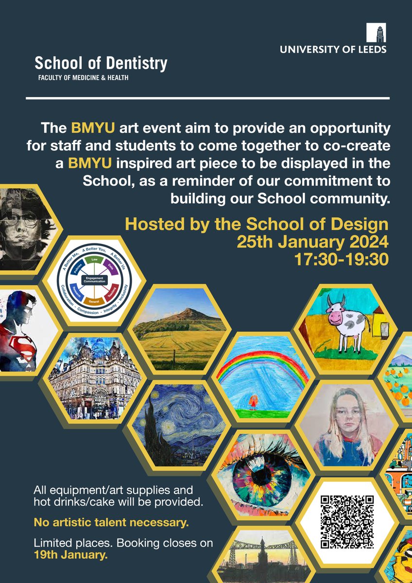 Play and co-creation is a powerful way to build a community. @leedsdentistry are bringing our staff and students together by hosting a #BMYU art event in collaboration with @leedsSchoolofDesign. Scan the QR Code to book your place.