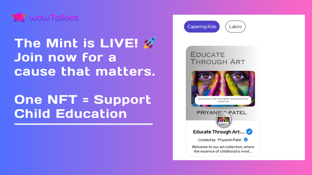 🌟 The Mint is LIVE! 🚀 Join now for a cause that matters.

📚 Every NFT minted is a step towards supporting child education.

Make an impact through art. Mint for societal good! 💖🎨 #NFTforGood #MintNow #SupportEducation

@priyanshi_patel

Mint now: nft.wowtalkies.com/collections/65…