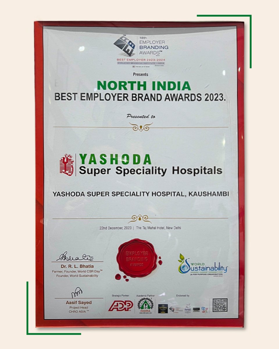 Yashoda Super Speciality Hospital, Kaushambi, secured the 'North India Best Employer Brand Awards 2023' at the 18th Employer Branding Awards. This win speaks volumes about our dedication to a positive workplace culture and top-notch employment.

#EmployerBrand #Award