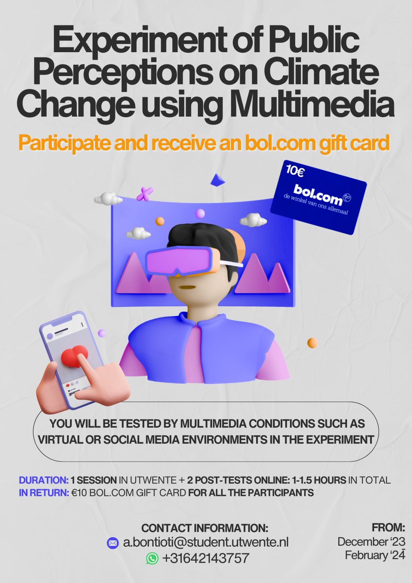 You are invited to participate in a Multimedia #ClimateChange Misinformation study 🏞️ Please note that the first session will take place at the <a href="/UTwente/">University of Twente (inactive)</a>.  As a token of appreciation, your time investment will be rewarded with a gift coupon. #callforparticipants