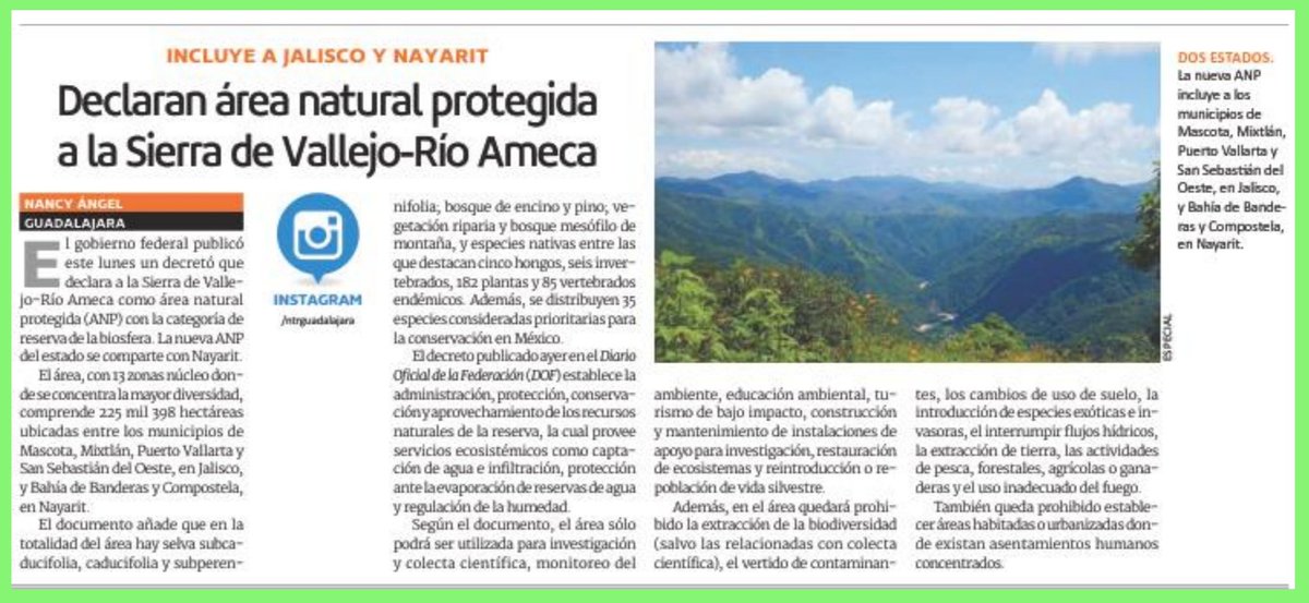 #ANP 🏞️⚖️📖
A partir de este 2024 estará restringida la minería, construcción de vivienda, extracción de flora y fauna, así como el turismo no sustentable en las más de 225 mil hectáreas de la nueva área natural protegida Sierra de Vallejo-Río Ameca.

📰 <a href="/muralcom/">mural.com</a> <a href="/NTRGuadalajara/">El Diario NTR Guadalajara</a>