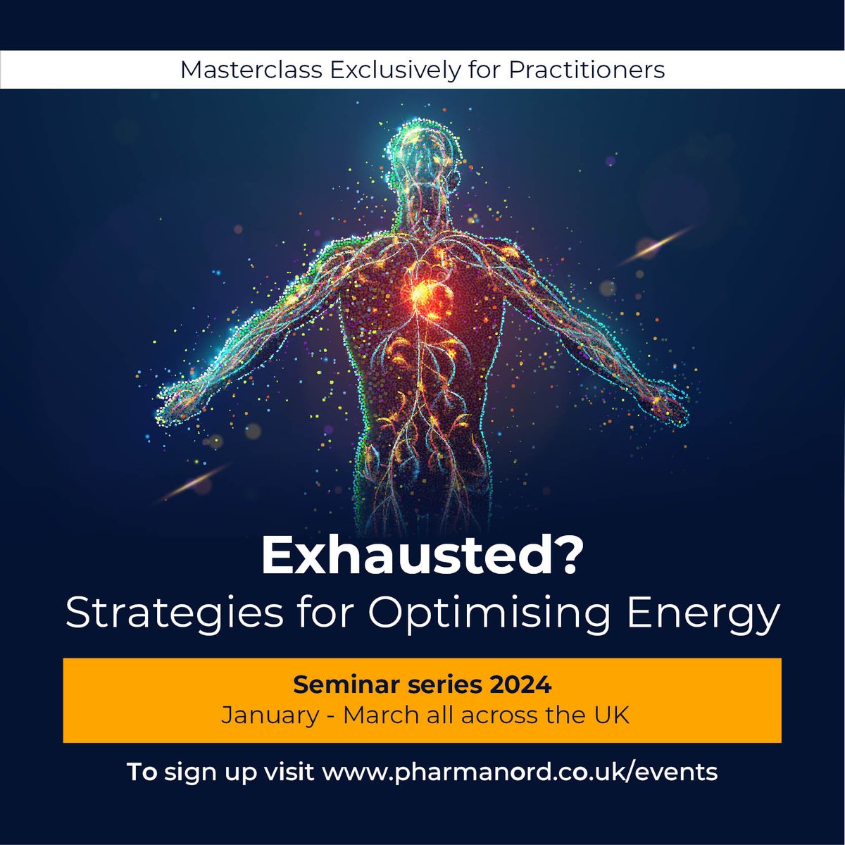 Are you interested in learning about strategies for optimising energy for your clients? 🔋🙌

With 5 seminars already sold out - this is not one to miss!👀

Sign up below!

➡️ pharmanord.co.uk/events

#exhaustion #energy #health #practitioners #seminar