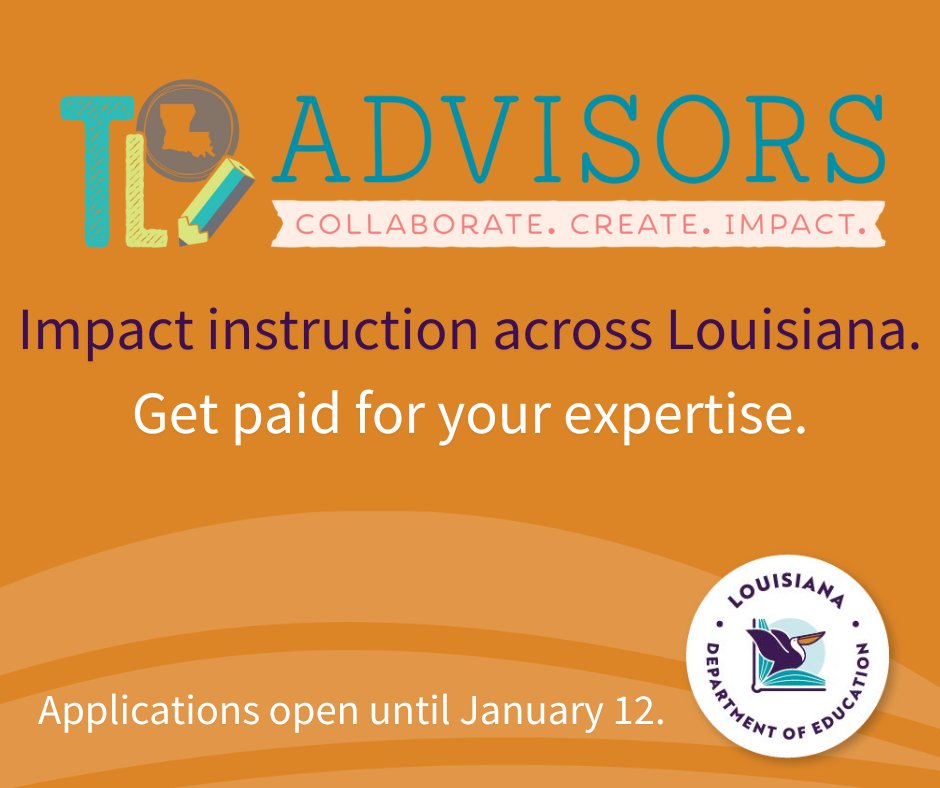 Dream of impacting education statewide? Our Louisiana Teacher Leader Advisors do just that! Create resources, support instruction, and make a difference. Apply by January 12. #LATeacherLeaders ow.ly/y18Y50Qba7n