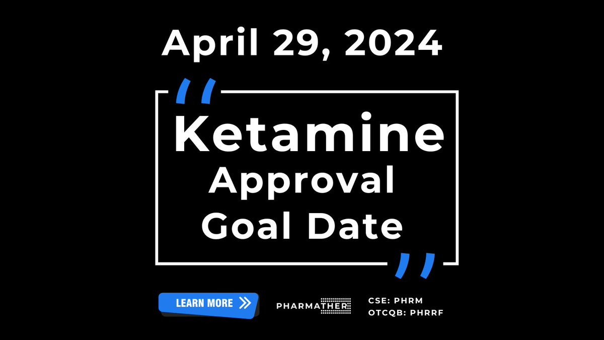 ⤵️ PharmaTher Provides Update for Expected FDA Approval of #Ketamine Assigned FDA approval goal date of April 29, 2024, is still on track Press Release: pharmather.com/news/pharmathe… $PHRRF $PHRM