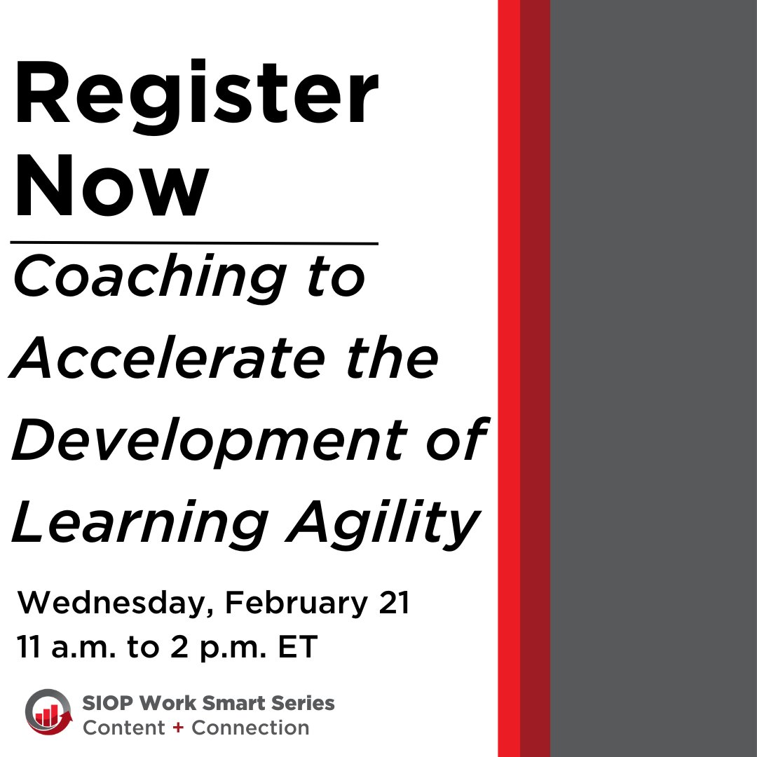 SIOPtweets's tweet photo. Registration is now open for the next #SIOPWorkSmartSeries. Speakers Veronica Harvey Schmidt and Anna Marie Valero will lead the discussion on incorporating the development of #LearningAgility into your coaching practice. Register now https://t.co/aDOOvYxGil https://t.co/DkgH9W17f3