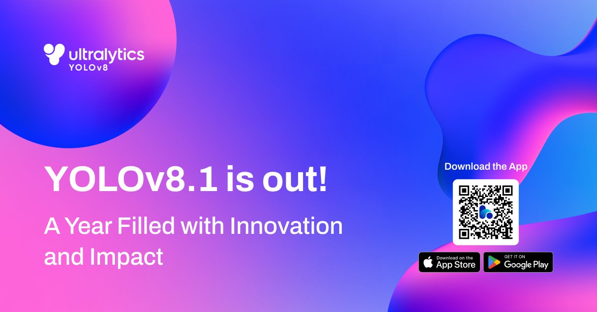 ultralytics's tweet photo. Ultralytics YOLOv8 turns 1 today and we are releasing a new YOLOv8.1! 

Our 2023 in review:
🌐 19 million YOLOv8 models trained in 2023!
📥 Over 20 million downloads, counting 4 million in December alone. 
🔥 Over 1,000 inference jobs per second every day. 
🌍 We saw a real-world impact across diverse industries featuring 5 million users and 15 billion events.  

Explore more!  ➡️ https://t.co/B4w2S2dlG0

#computervision #yolov8 #anniversary #innovation2024