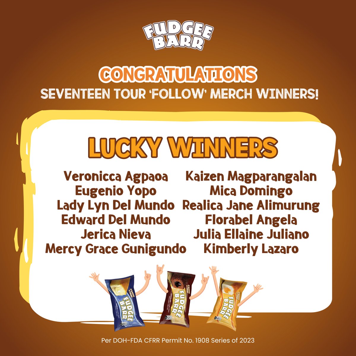 FudgeeBarr_PH's tweet photo. Congratulations sa winners ng exclusive #FudgeeBarrxSEVENTEEN merch!

Message us now to claim your prizes.

#SVT_TOUR_FOLLOW
#FOLLOW_TO_BULACAN https://t.co/dX9NZnuv9q