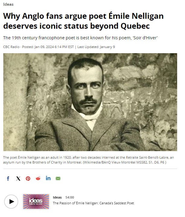 maProfFrancais's tweet photo. Quelle joie d'avoir pu participer à cet épisode de @cbcideas sur le grand poète québécois Émile Nelligan! Une belle occasion de rapprocher les Deux Solitudes pour faire connaître notre poète maudit du côté anglo. 🇨🇦
(Lien en commentaire)
Merci à toute l'équipe! https://t.co/zYnbCl6dwd