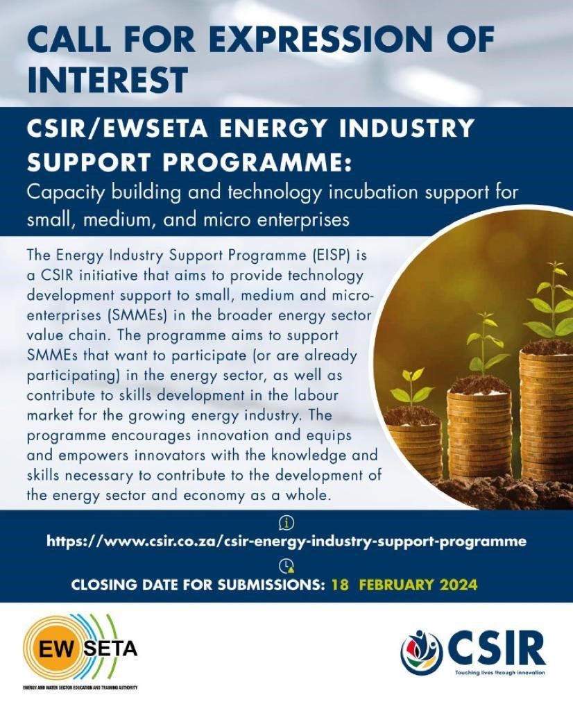 _sawea's tweet image. SMME OPPORTUNITY: @ewseta @CSIR are excited to announce the 2nd annual intake for their Energy Industry Support Programme. 

For more details: lnkd.in/e2aA9scK

#PartnershipsforImpact #SMMEdevelopment #energysector #skillsdevelopment #technologyinnovation