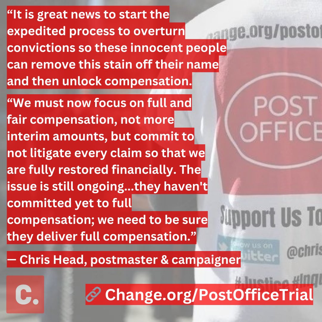 “We must now focus on full and fair compensation' Postmaster & campaigner @chrish9070 reacts to Rishi Sunak's announcement of a new law to 'swiftly exonerate' victims of the #PostOfficeScandal Add your voice to his 400,000+ supporters at change.org/postofficetrial