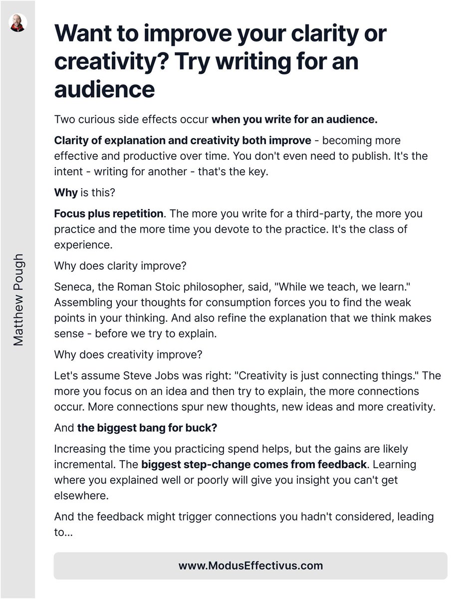 ModusEffectivus's tweet photo. Want to improve your clarity or creativity?
Try writing for an audience.
Here's why that will help you:👇

(clarity and creativity 📈#effectiveness)

#Ship30for30 https://t.co/g3JkXSOXF7