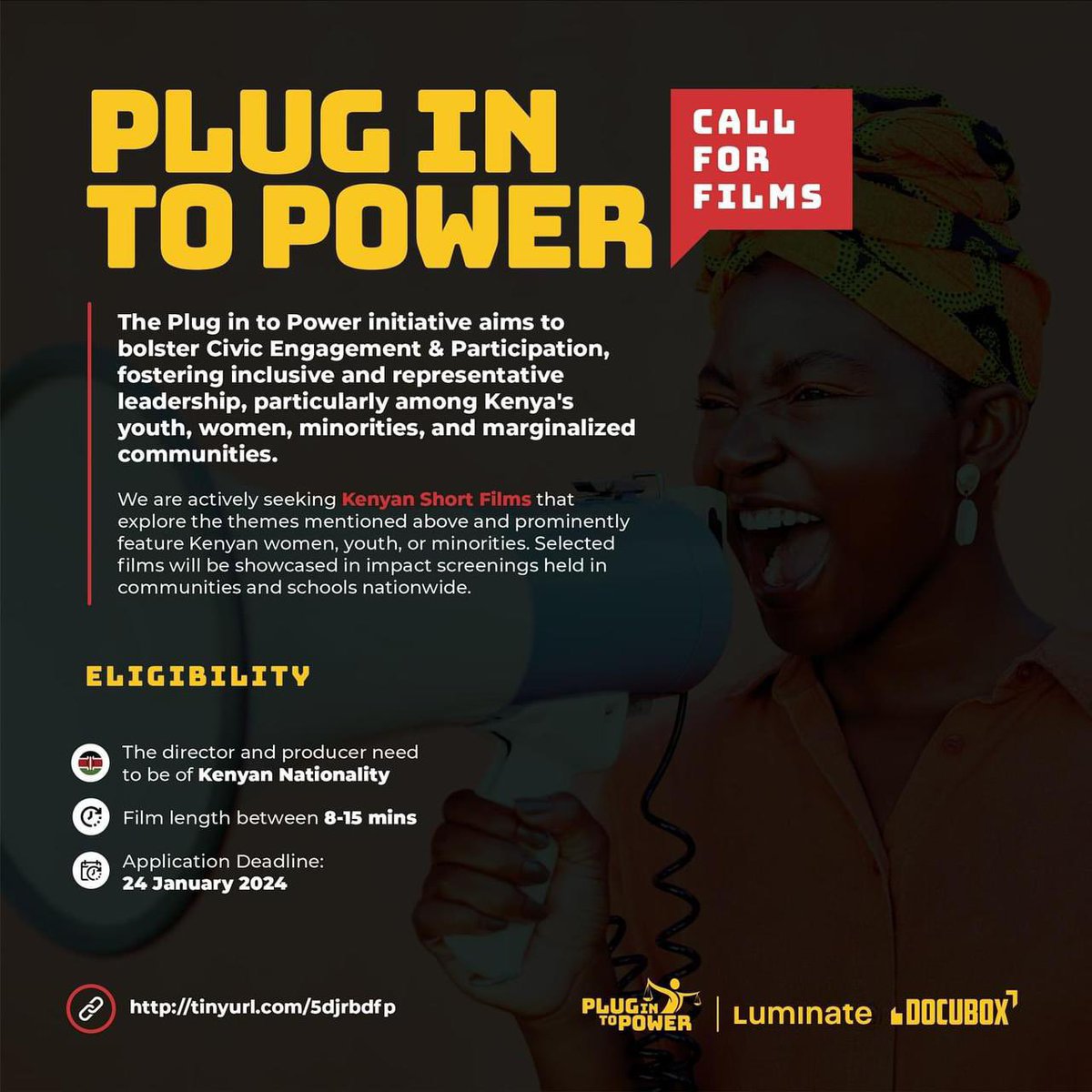 CALL FOR FILMS!

The Plug In To Power project is actively seeking short documentary films that explore the theme of Civic Engagement &amp; Participation, to be screened across different communities and schools countrywide.
Calling all eligible film makers to apply now!
#PlugIntoPower