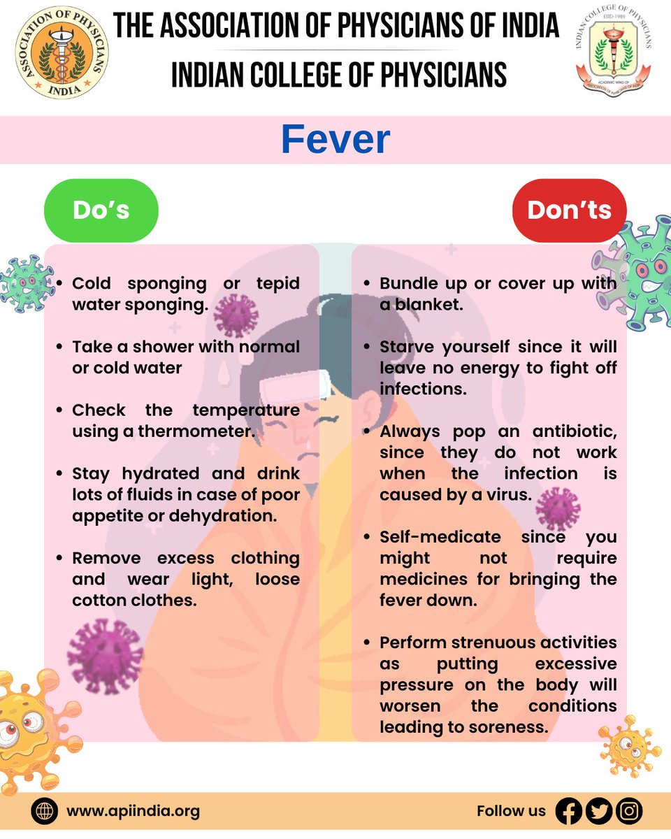 Navigating fever? Follow these essential Do's and Don'ts for a healthier recovery.🌡️💊 

DR GIRISH MATHUR 
PRESIDENT-API
DR JYOTIRMOY PAL 
DEAN-ICP
DR AGAM VORA 
SECRETARY-API

#HealthTips #FeverAwareness #API #ICP #IndianCollegeofPhysicians #Physicians