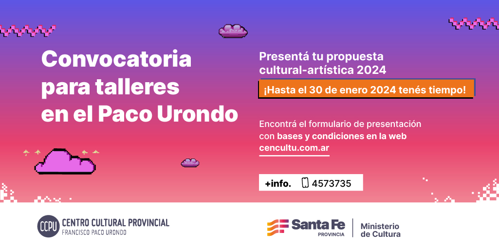 ¡ Está abierta la convocatoria a artistas y docentes para presentar sus propuestas de talleres anuales!
Desde el 2 al 30 de enero 2024
El link de inscripción esta en la web del teatro

#convocatorias #talleres #formación #teatro #santafe #santafepuede #ministeriodecultura