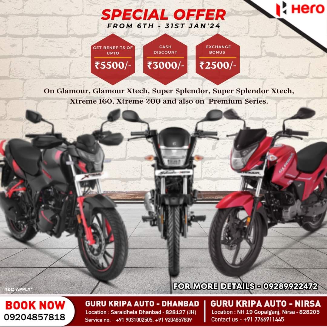 gurukripahero21's tweet photo. ☑Special Offer from 6th - 31st Jan'24

👉Get benefits of upto ₹5500 /-

👉Cash discount ₹3000 /-

👉Exchange Bonus ₹2500 /-

On #Glamour, #GlamourXtech, #SuperSplendor, #SuperSplendorXtech,
#Xtreme160, #Xtreme200 and also on  Premium Series.

📞  9204857818, 9289922472 https://t.co/OwJHsQ1vrc