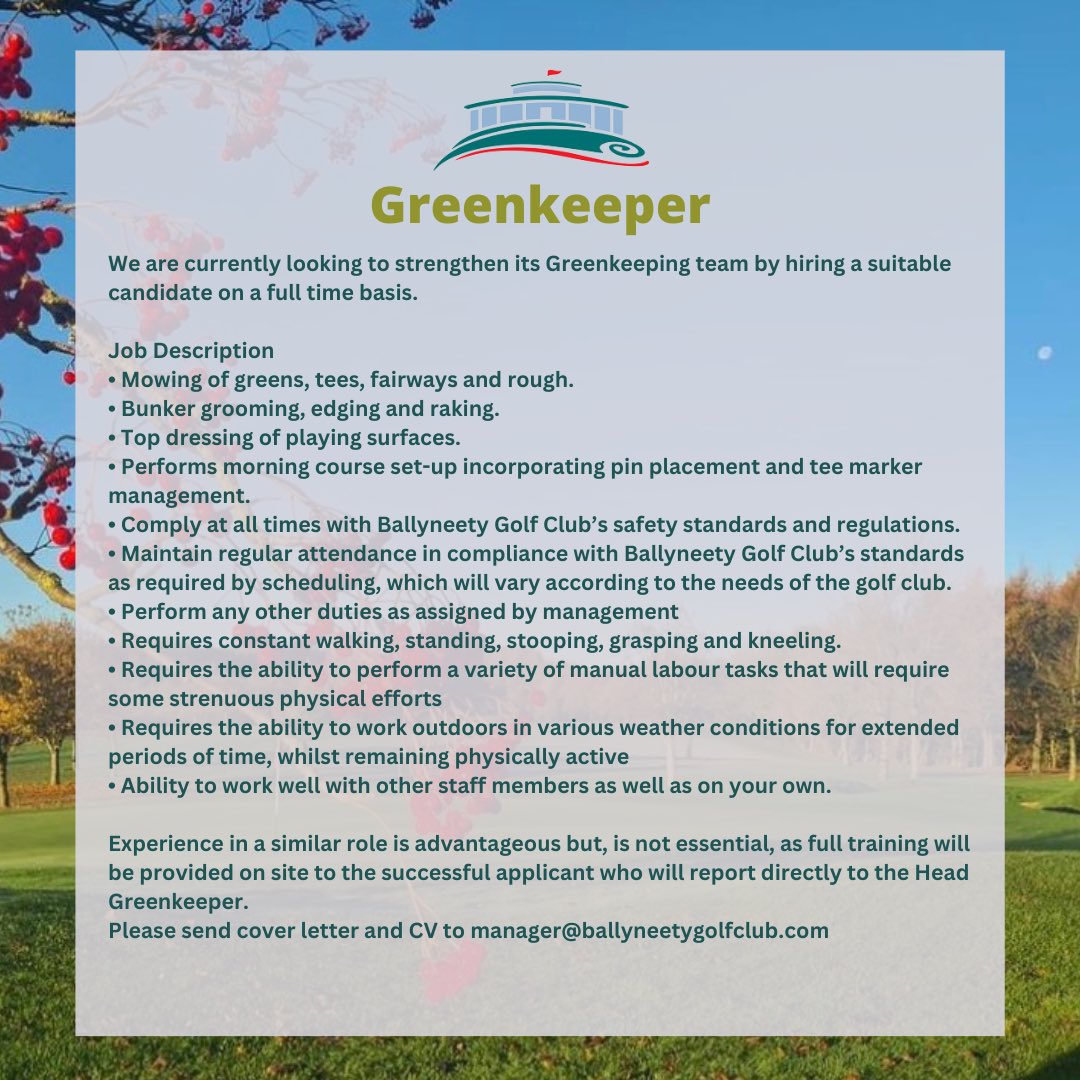 We are hiring!🏌🏼‍♀️
If you would be interested in joining the Ballyneety Golf Club team then please send your CV to manager@ballyneetygolfclub.com 

#BallyneetyGolfClub #Ballyneety