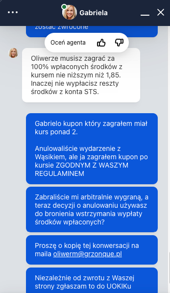 OliwerMGrzonka's tweet photo. Hej @stspolska 

Najpierw unieważniliście mi kupon z wyprowadzeniem Wąsika 

A teraz odmawiacie wypłaty DEPOZYTU ponieważ nie wykonałem nim obrotu w postaci kuponu z kursem powyzej 1.85?

Kupon z Wąsikiem miał kurs ponad 2. 
Wy go anulowaliście.
Umożliwijcie wyplatę.
@UOKiKgovPL https://t.co/5tRL6od0F3