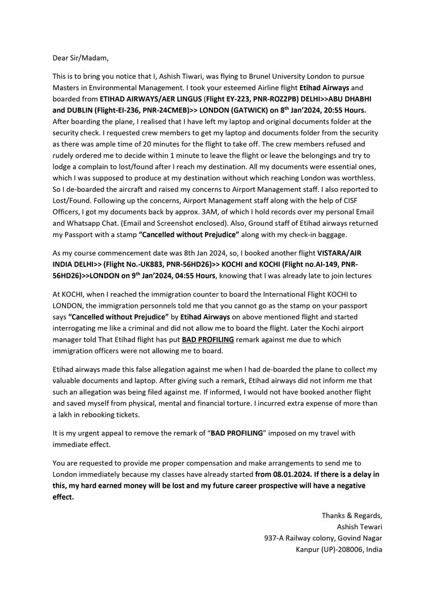 AshishTewari94's tweet photo. Misbehaved,harassed by staff, false allegation of “BAD PROFILING” without scrutiny  by "ETIHAD AIRWAYS" at IGI Airport Delhi of young Indian engineer-"Ashish Tewari" going London as a student for higher education, leads to financial loss,putting career at stake of Indian student. https://t.co/xWQ4dE9cWT