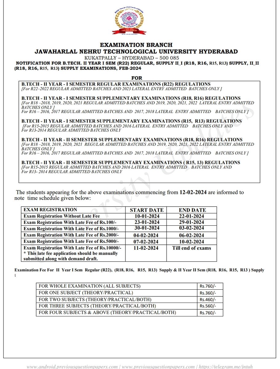 examupdate123's tweet photo. #JNTUH Notification for https://t.co/OVFVe26WNp 2-1, 2-2 Semester Regular &amp; Supply exams - February 2024 https://t.co/oCLee1KcWe