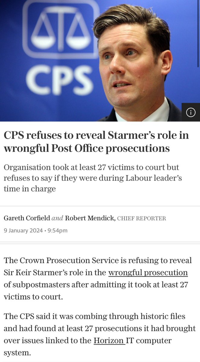 The Horizon scandal is getting worse for Keir Starmer as it emerges that at least 27 cases against subpostmasters were brought by the CPS. As the scandal grew, and hundreds of innocent people were convicted, he did nothing. Time for some answers.