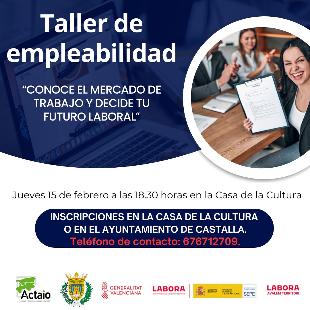 ✅ Conéixer el mercat de treball és necessari a l'hora de decidir el teu futur laboral i a #Castalla realitzarem un taller d'ocupabilitat amb este objectiu.