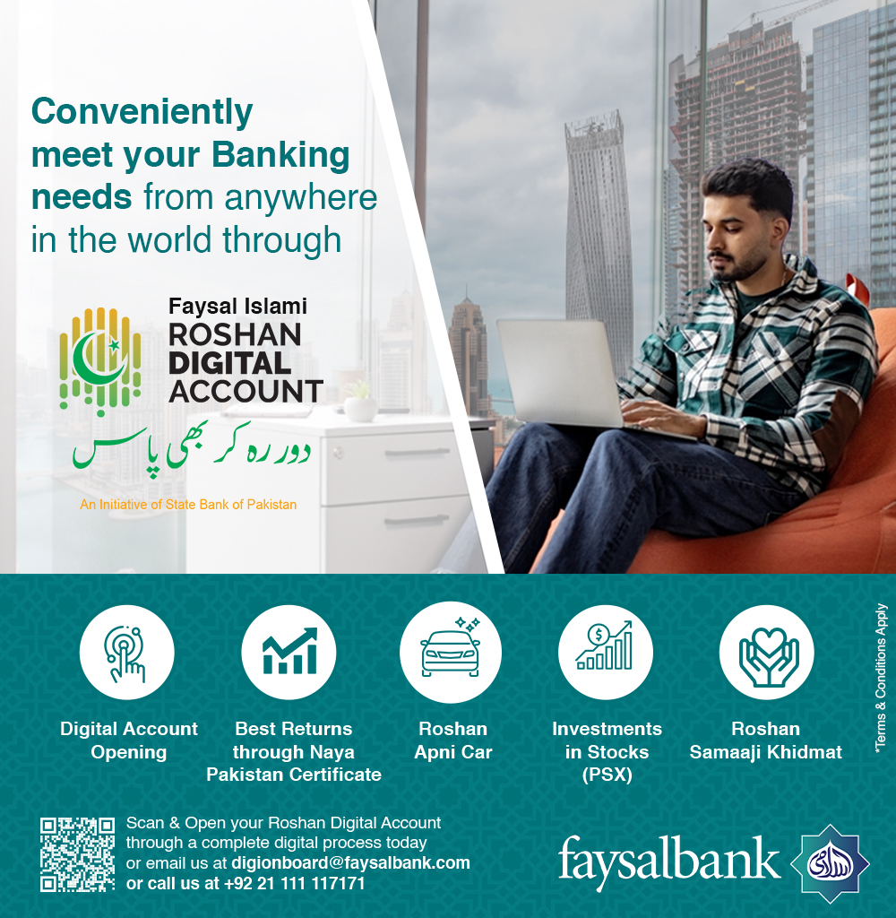 Faysal Islami Roshan Digital Account - a one-stop-shop for all Islamic banking solutions for Non-Resident Pakistanis!

For more info, visit digionboard.faysalbank.com/BAL/AccountOpe…

#FaysalIslami #FaysalBank #BarhoYaqeenkaySath #RDA #SBP #RAG #RAC #REI #INPC