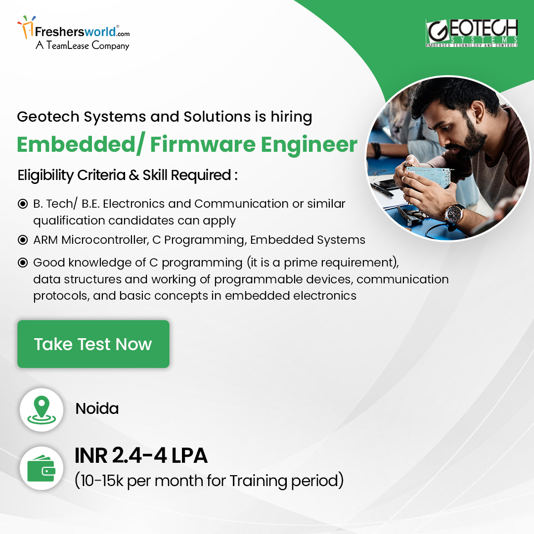 Freshersworld's tweet image. Geotech Systems and Solutions is hiring for the role of Embedded/ Firmware Engineer
Take Test Now: fwld.in/ceat/Embedded
Follow Freshersworld.com for the latest job updates
#embeddedjobs #firmwarejob #btechjobs #btechfreshers #bejobs #freshershiring #noidajobs