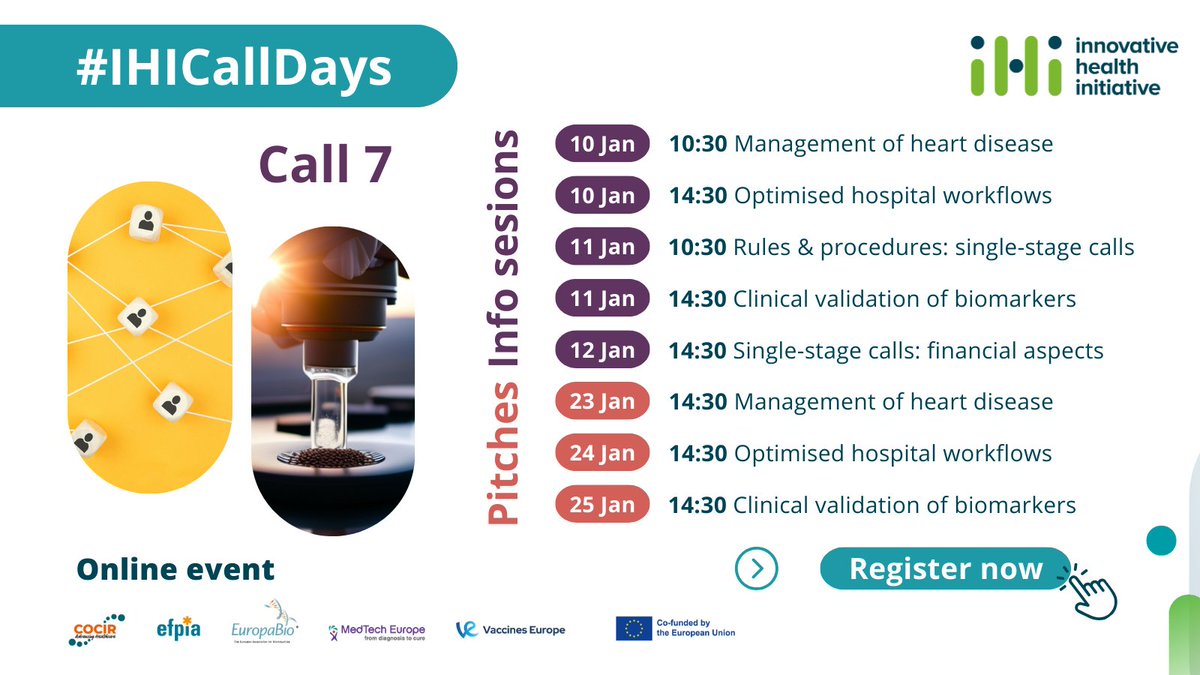 IHIEurope's tweet photo. #IHICallDays are starting today! Today's schedule:
π 10:30: Info session on management of #HeartDisease
π 14:30: Info session on optimised #HospitalWorkflows
Psst... don't forget our full topic texts are now available online...π More information: https://t.co/uHT4JGusNb https://t.co/mOibmsDTLu