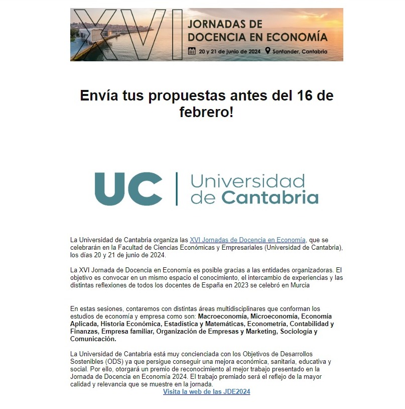 📢<a href="/unican/">Universidad de Cantabria</a> organiza las XVI Jornadas de Docencia en Economía, en la Facultad de Ciencias Económicas y Empresariales, los días 20 y 21 de junio de 2024. 
¡No te lo pierdas!

🔗grxworkshop.congressus.es/jdeconomia

#JDE2024 #Docencia <a href="/feconomicasuc/">Feconomicasuc</a>