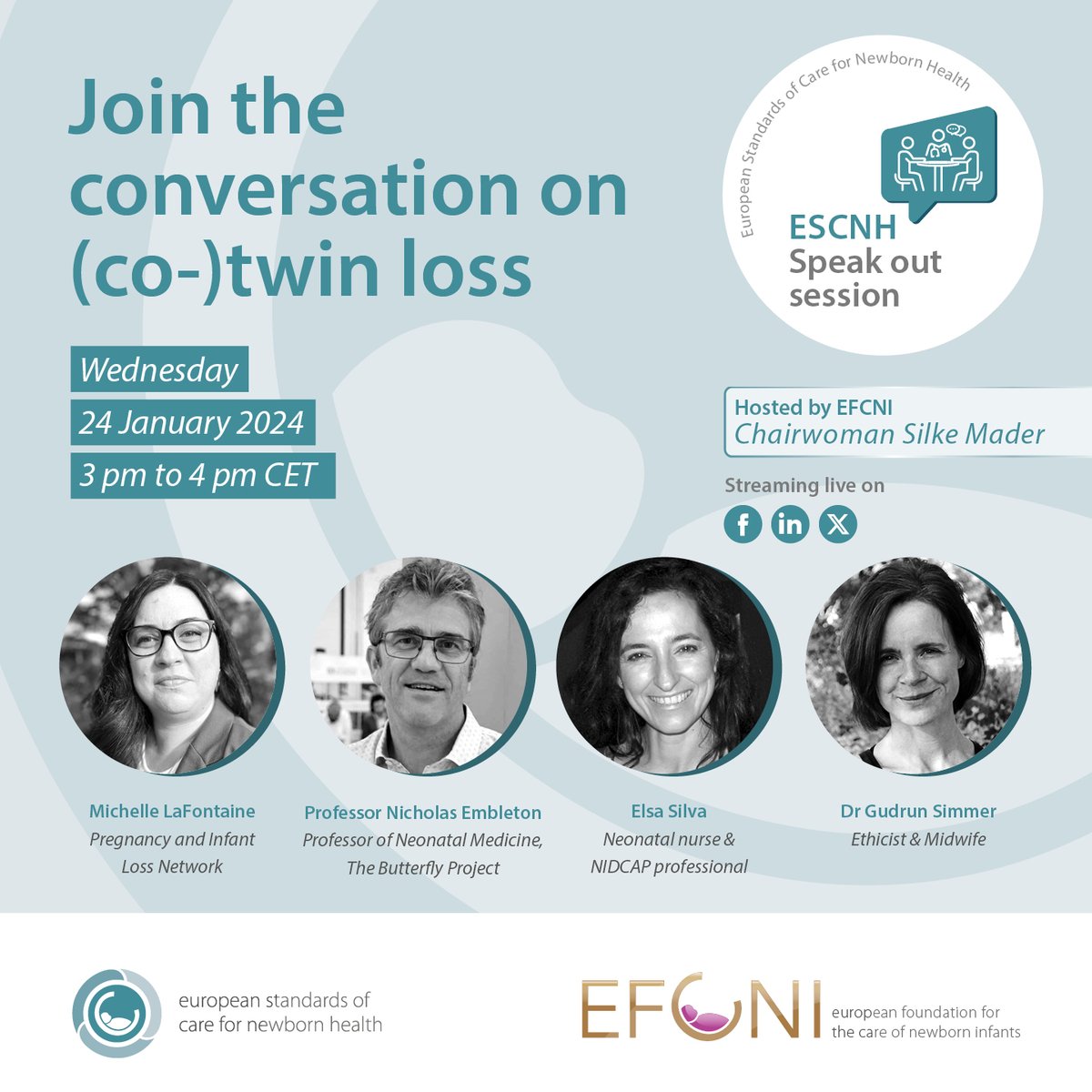 📅Save the date! Our “Speak out session” on (co-)twin loss is happening on 24 Jan 2024, 3-4 pm CET, under the umbrella of #ESCNH. Tune in to hear from experts & affected families. Let’s raise awareness & provide support. Streaming live on X/Twitter. #TwinLoss @NeoResearch_Net