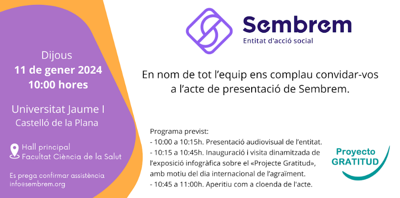 UJIuniversitat's tweet photo. 🆕 L'11 de gener, coincidint amb el Dia de l'Agraïment, tindrà lloc la presentació de Sembrem, una entitat d'acció social formada per psicòlegs que ofereix suport emocional i recursos psicològics.

📍 A les 10 hores en la @fcs_UJI. 

No t'ho perdes! 🤩

https://t.co/s6WeWQiKOO https://t.co/ItZGaROsFv