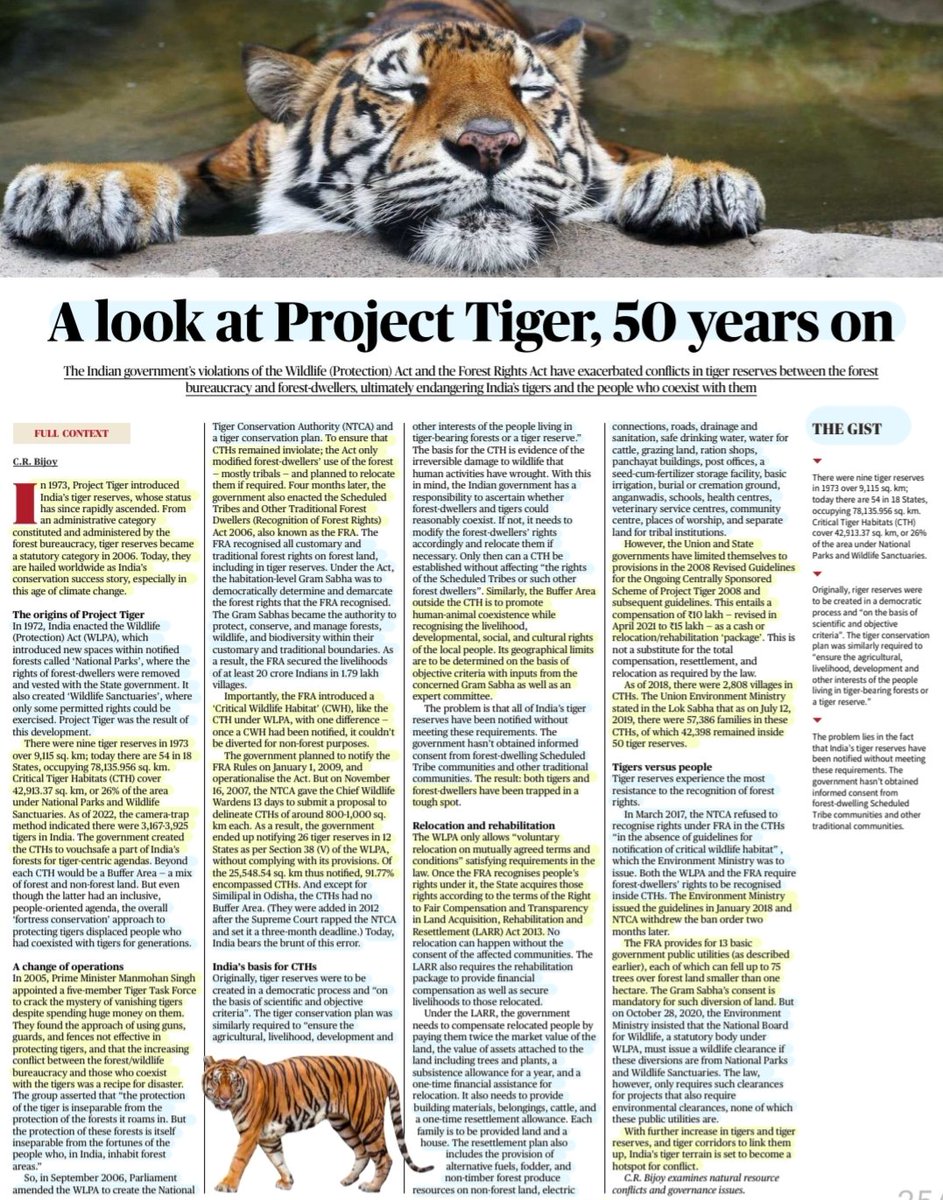 #Tiger

'A look at Project Tiger, 50 years On'

:An informative article by Sh C.R. Bijoy
@crbinfor 

#ProjectTiger #TigerReserve #conservation 📈 #Wildlife 
#WLPA #CTH #NTCA 
#FRA #LARR #CWH 
#forests #Tribes #ScheduledTribes
#community #tradition #Coexistence 

#UPSC

Source:TH