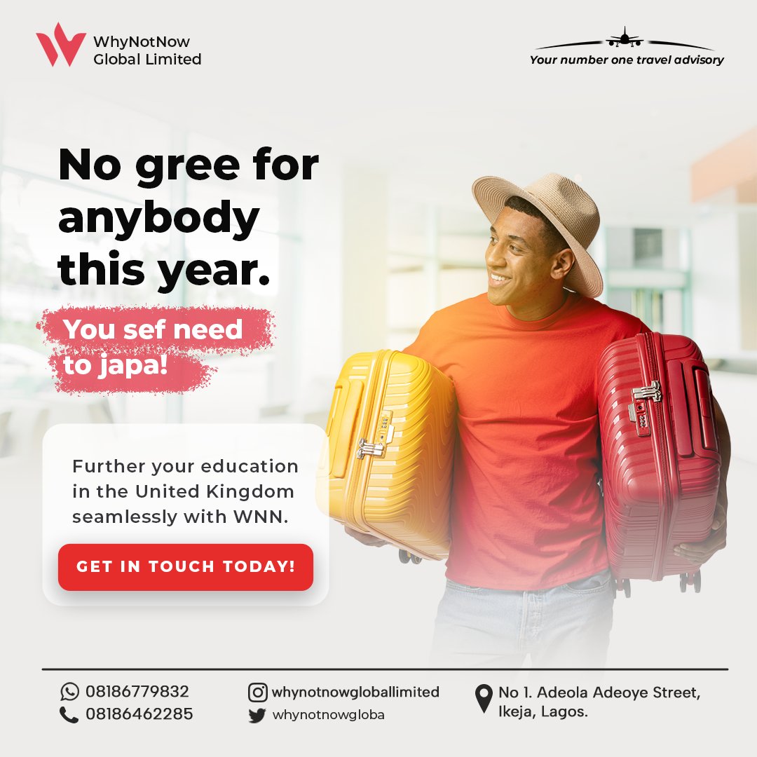 Whynotnowgloba's tweet photo. This year no gree for anybody.
You sef need to study abroad and we are here to make that happen.
Get in touch with us today to get started.
#studyinuk #studyvisa #visa #visaprocessing #ukstudyvisa #internationalstudent #degree #unitedkingdom #traveltouk #japa #nogreeforanybody https://t.co/UoQcjPIjWY