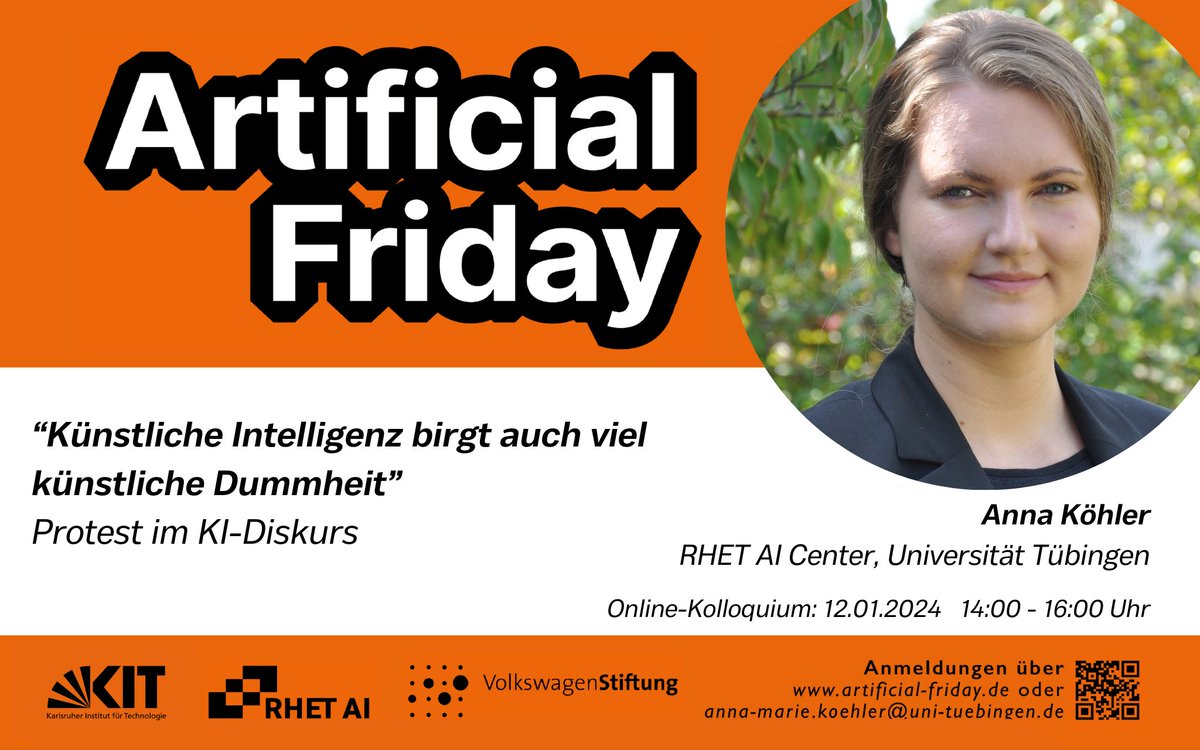 ai_rhet's tweet photo. Es geht wieder los mit dem ersten #ArtificialFriday in 2024, diesmal mit germanistischem und rhetorischem Schwerpunkt
Am 12.01. wird Ramona Plitt von @GSW_TUDresden zu Künstlicher Kreativität vortragen und Anna Köhler von der @uni_tue zu Protest im #KI-Diskurs https://t.co/J9e807LGFj
