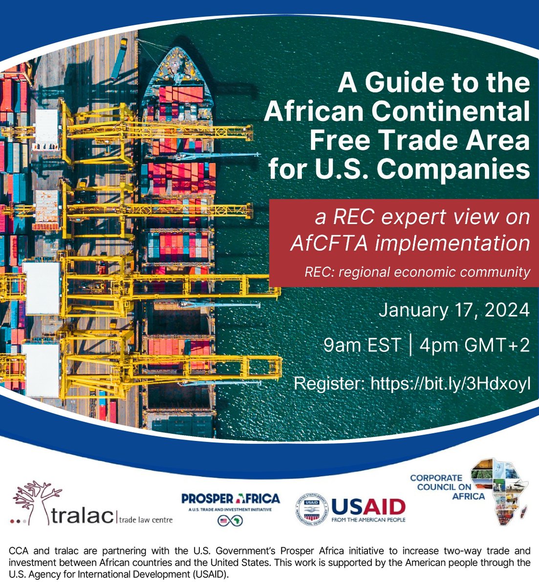 Save the date! Join us for our next webinar:

A Guide to the #AfCFTA for US companies: a REC expert view on AfCFTA implementation 🇺🇸 🌍

Date: 17 January 2024

Time: 9am EST | 4pm GMT+2

Register: bit.ly/3Hdxoyl

<a href="/ProsperAfricaUS/">Prosper Africa</a> <a href="/USAID/">USAID</a> <a href="/CorpCnclAfrica/">CorpCnclAfrica</a>
