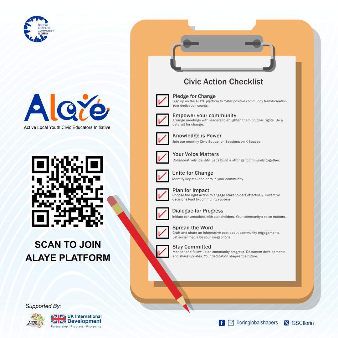 DCShuaib's tweet photo. Check, Achieve, Repeat! Your guide to successful civic leadership starts with this checklist. Join me in taking the 10 checklist actions #ALAYETransforms #CivicSavvyIlorin #ALAYEforChange @GSCIlorin @YIAGA @UKinNigeria https://t.co/cl64vIw9zU
