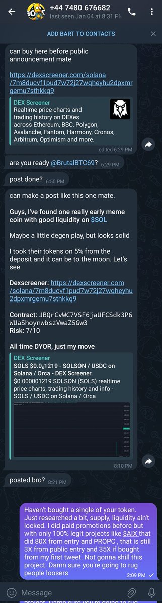 BrutalBTC's tweet photo. Long story short 🫡🕊
I'll never rug my followers 🙏❤️
@solson1000x was paying me $5,000 for a paid shill, but when I researched, it seemed like a scam. I refused that offer, and they ran away today 🤷
Telegram chat 👇 https://t.co/IluxSB7PJT