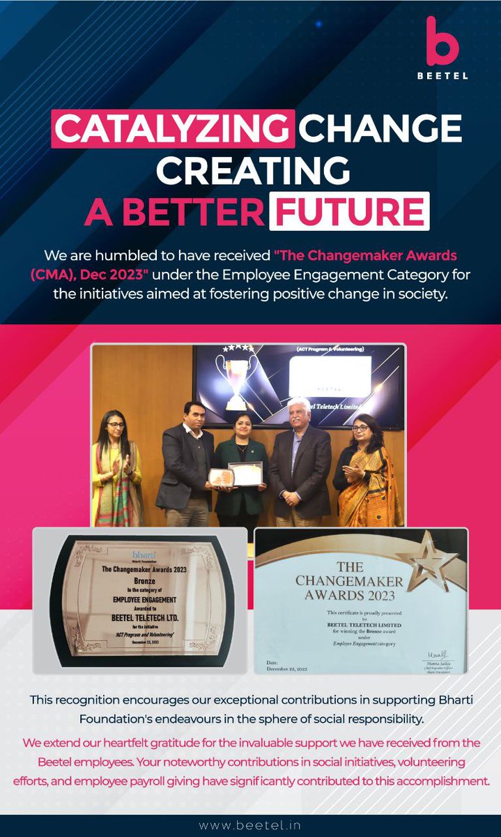 sanjeevc_1809's tweet photo. Delighted to share that Beetel has been honored with The Changemakers Award from the Bharti Foundation in #employeeengagement ! Kudos to every #Beetel employee for their noteworthy efforts in #social initiatives and volunteering throughout the year. #PeopleAtBeetel https://t.co/0V0kvnsvIE